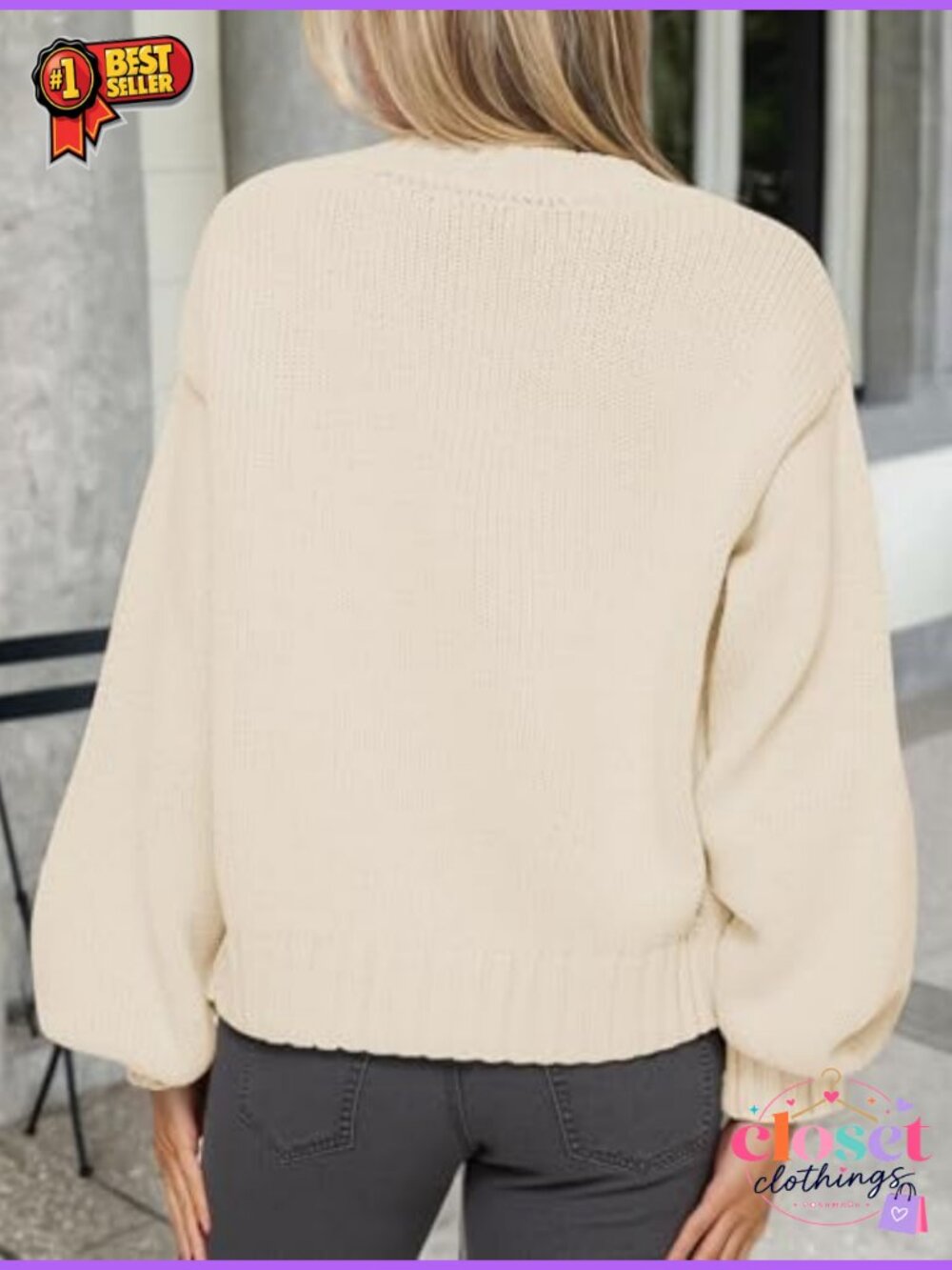 Chunky Ribbed Knit Button Up Cardigan Sweater Loose Fit Lantern Sleeve - Picture 4 of 6